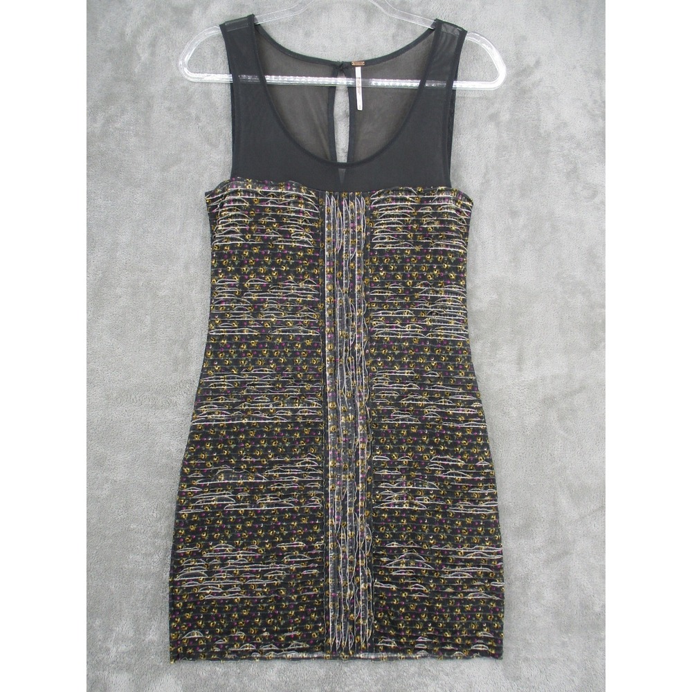 Free People Dress Womens Small Sheer Textured Bodycon Ditsy Floral Mini Button